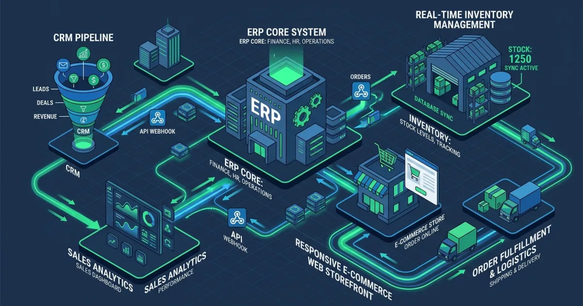 Diagrama de integración ERP y CRM con plataforma de comercio web para pymes